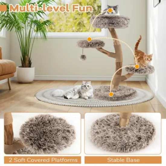 Costway Modern Cat Tree with Pear Wood Trunks Scratching Posts Soft Long Plush Fabric image {4}
