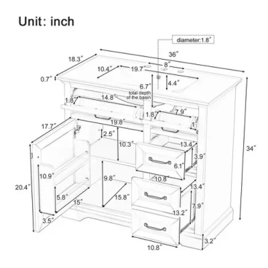36" Bathroom Vanity with Ceramic Sink, Soft-Close Drawers & Door Organizer, Freestanding Vanity Wood Cabinet with Storage image {1}