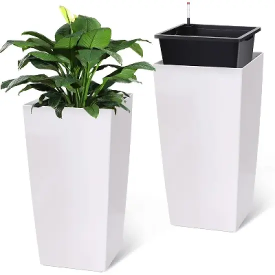 30" Tall Planters, Set of 2, Black Outdoor/Indoor Pots with Drainage Holes, Water Level Monitor, Inner Bucket & Auto Watering, White image {6}