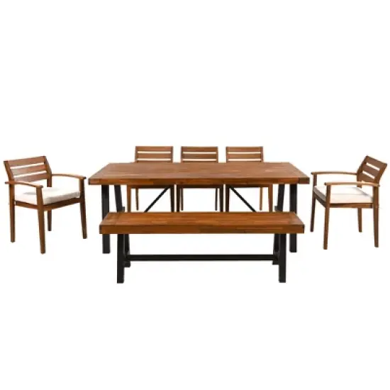 Whisen Outdoor Wood Dining Set, Outdoor Dining Furniture With Removable Cushions, 5 Arm Chairs and 1 Bench - Natural image {7}