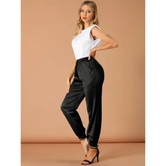 Allegra K Women's Drawstring Elastic Waist Athleisure Pants Ankle Length Satin Joggers with Pocket image {3}