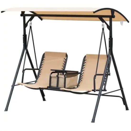 Outsunny 2 Person Covered Porch Swing with Pivot Storage Table, Cup Holder, & Adjustable Overhead Canopy image {3}