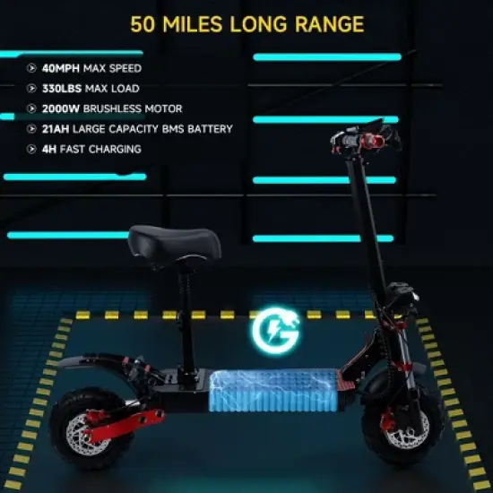 Topteng 12" Electric Scooter for Adults - Black: 2000W Motor, 40 MPH Max Speed, 50 Mile Range image {4}