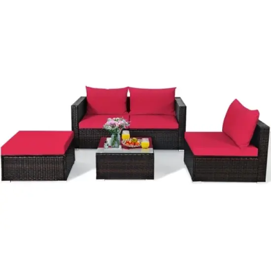 5PCS Patio Rattan Furniture Set Sectional Conversation Sofa w/ Coffee Table Red\ Navy image {3}