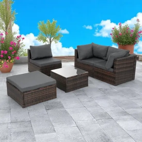 5-Piece Patio Furniture Set with PE Wicker Furniture set, Tempered Glass Table, Cushions with Zipper,Outdoor Furniture set image {15}