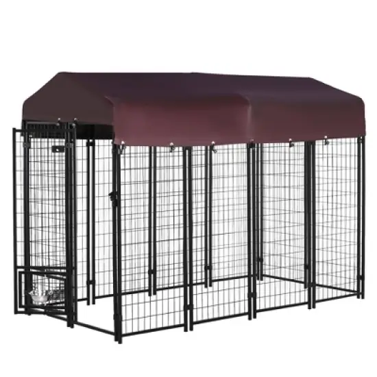 PawHut Outdoor Dog Kennel with Rotating Bowl Holders, Dog Playpen Fence with Waterproof Cover, 8' x 4' x 6', Red image {3}