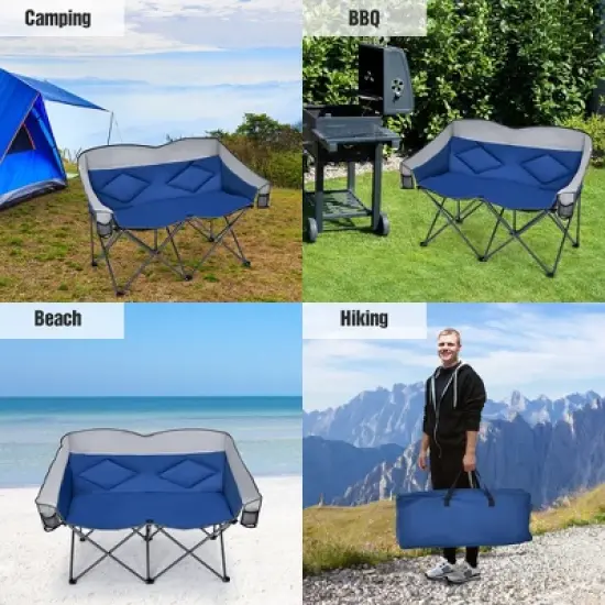 Costway Folding Camping Chair Loveseat Double Seat w/ Bags & Padded Backrest Gray\Blue image {7}