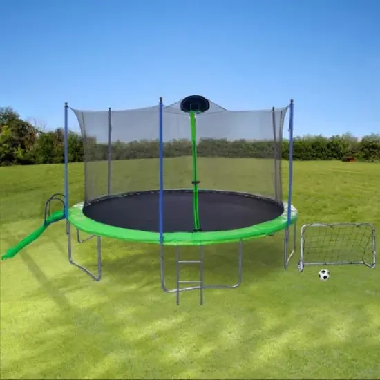 QingMoon 16FT Trampoline With 360 Degree Safety Net,With Slide,Ladder,Football Goal And Backboard,Recreational Trampoline for Kids and Adults image {2}