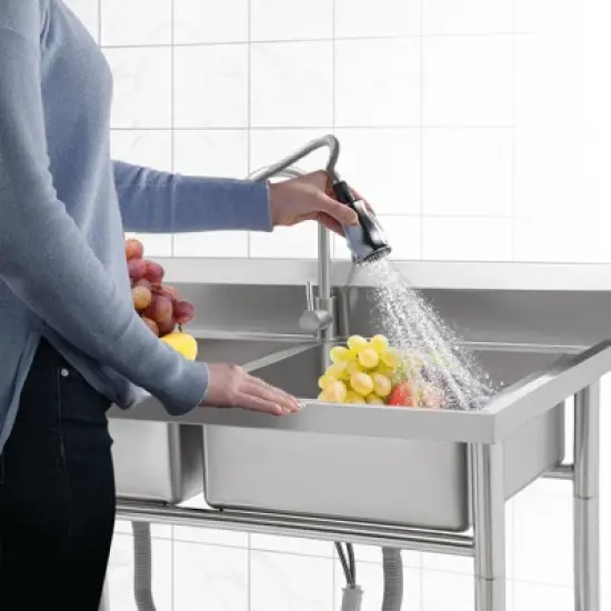 Stainless Steel Sink, Commercial Kitchen Prep Sink Free Standing Double Bowl with Cold and Hot Water Pipe Undershelf Faucet for Restaurant Bar image {3}