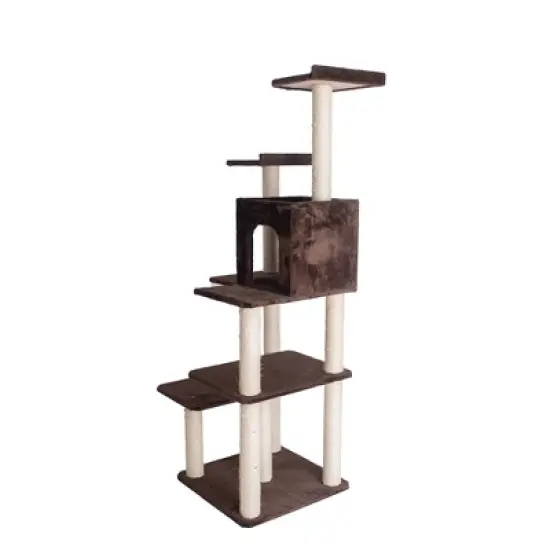 GleePet GP78680723 66-Inch Real Wood Cat Tree In Coffee Brown With Four Levels, Two Perches, Condo image {6}