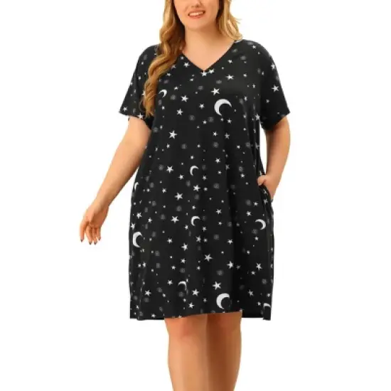 Agnes Orinda Women's Plus Size Comfort Pajamas Star Moon Pattern V Neck Short Sleeve Nightgown image {6}