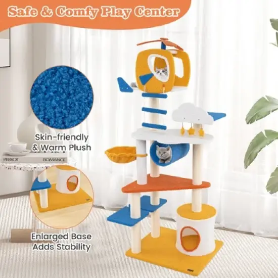 Tangkula 70" Tall Aviation-themed Cat Tree w/ Helicopter Top Perch Platforms Basket Bed image {6}