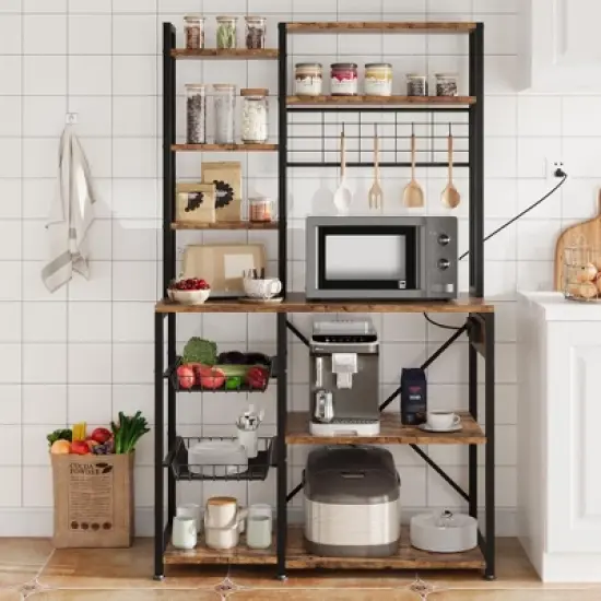 Microwave Stand Bakers Rack, Standing Bakers Rack with Power Outlet, Large Open Storage Shelves, Coffee Bar Kitchen Storage Shelf image {8}