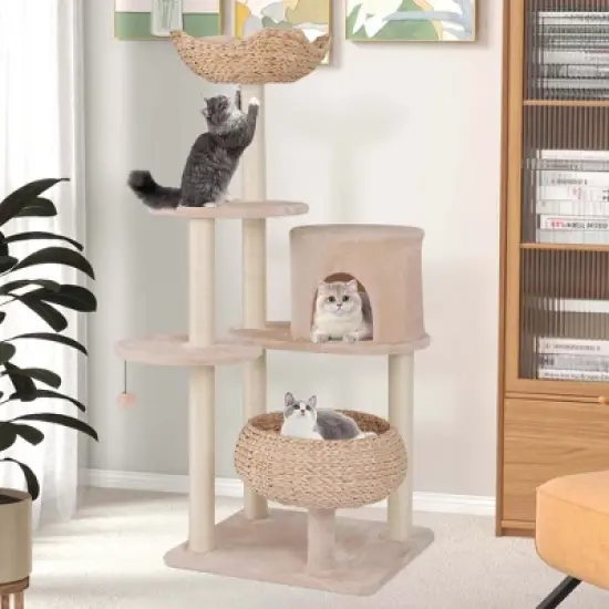 Costway 58" Cattail Cat Tower with Sisal Scratching Posts Perch Basket Ball Condo image {1}