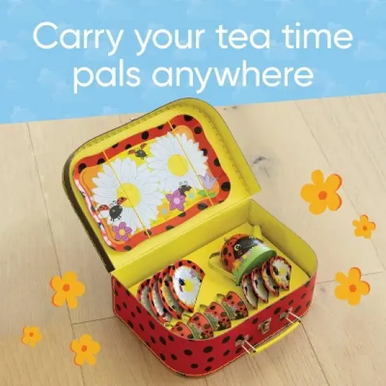 Hearthsong 15-Piece Ladybug-Themed Tin Tea Set for Kids with Carrying Case, For Pretend Play image {5}