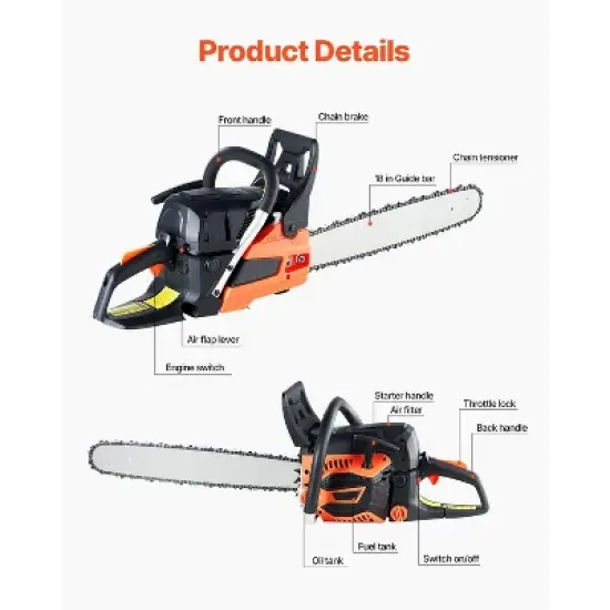VEVOR Gas Chainsaw, 52CC 18" 2.55HP, Gasoline Powered Chain Saw, Handheld Cordless Petrol Chainsaws for Tree Wood Branch Cutting, Orange image {3}