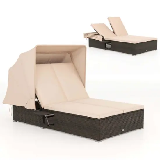 Costway 2-person Rattan Lounge Bed with Retractable Canopy 5-position Adjustable Backrest image {9}