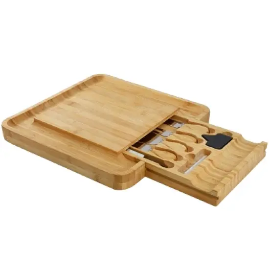 MegaChef Bamboo Charcuterie Cheese Board with Slide Out Drawer with Cheese Utensils, Bottle Opener, and 3 Piece Mini Chalkboard Set image {1}