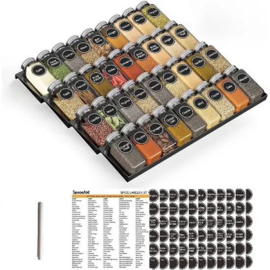 Spice Drawer Organizer with 36 Glass Spice Jars, 386 Labels, for Kitchen Drawers,Black image {7}