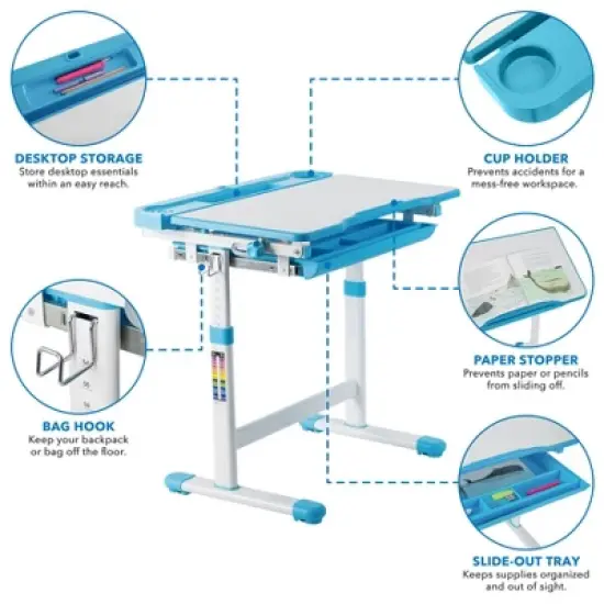 Mount-It! Kids Desk and Chair Set | Height Adjustable Ergonomic Children's School Workstation with Storage Drawer | Blue image {2}