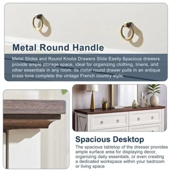 Resenkos Farmhouse 6 Drawers Dresser for Bedroom, Wood Vintage Wide Storage Dressers Organizer, Antique White image {5}