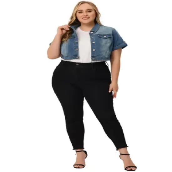 Agnes Orinda Plus Size Denim Jackets for Women Button Front Work Washed Rolled Sleeves Cropped Jean Jacket image {2}