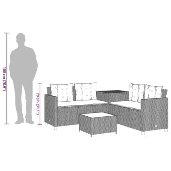 vidaXL Patio Sofa Set - L-Shaped Brown Poly Rattan Outdoor Seating with Side & Coffee Table, Tempered Glass Top, Cushions, Storage image {12}