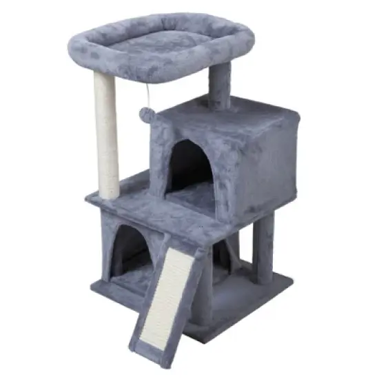 FURNIinspire Pet Tower Double layer cat Tree with cat house and ladder light, Modern Cat Furniture, Gray, 19.70"*17.70"*34.00" image {3}