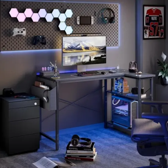 Itopfox L-Shaped Computer Desk with Power Outlets, Reversible Shelves, Gaming & Study Writing Table for Home Office, Bedroom, Living Room, Black image {1}