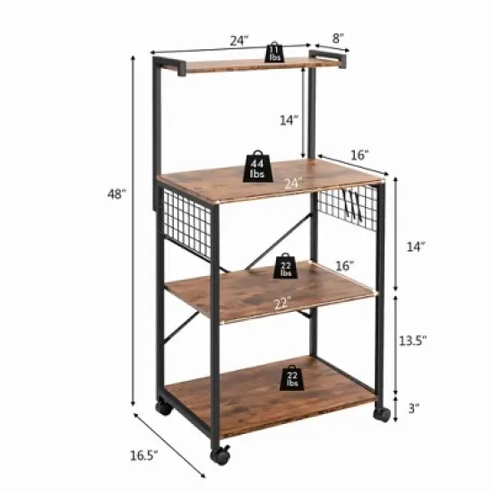 Costway 4-Tier Rolling Bakers Rack Industrial Utility Microwave Oven Stand Cart w/ Hooks image {8}