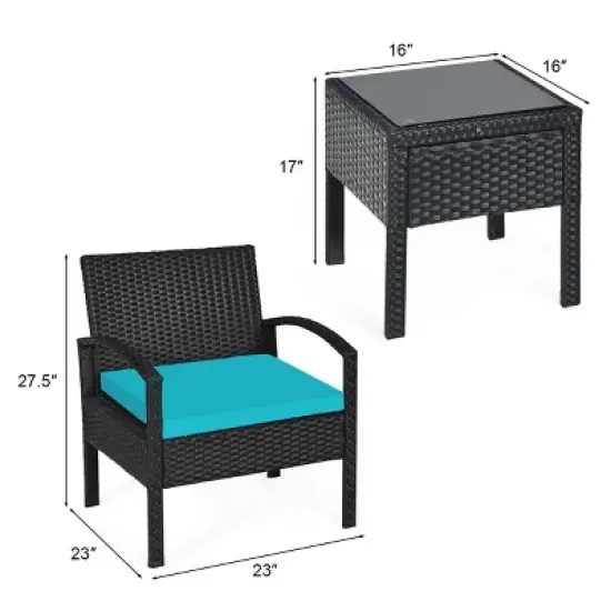 Tangkula 3 Pieces Patio Set Outdoor Wicker Rattan Furniture w/ Cushions Turquoise image {7}