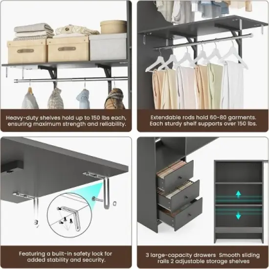 SEVOBAL Freestanding Coat Racks Expandable Wardrobe Rack with 3 Drawers and Shelves, High-Capacity Closet Organizer, Gray, 10.5"*44"*20.5" image {4}