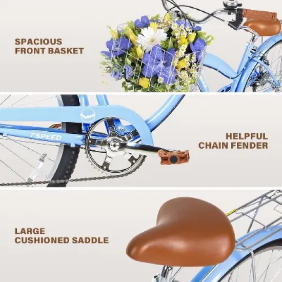 WEIZE Beach Cruiser Bike 26 inch City Bikes Commuter Bicycle for Adult 7-Speed Comfortable with Rear Rack or Basket Blue image {3}