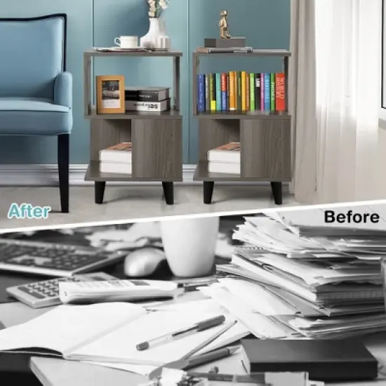 Costway 2 PCS Nightstand Set Modern Side End Table Storage Shelf Grey image {8}