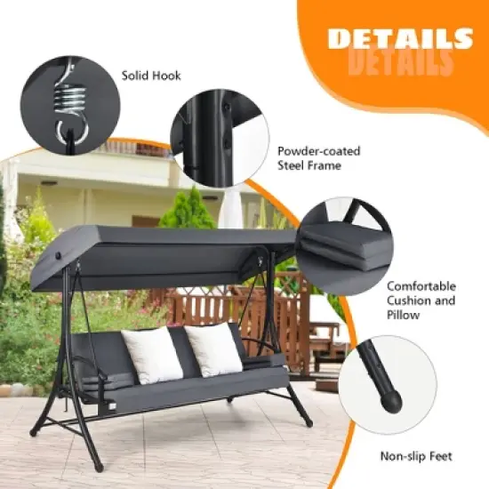 Costway Patio 3-Seat Porch Canopy Swing Converting Grey Cushion Pillow Adjust image {7}
