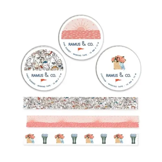 Illustrated Masking Tape by Ramus & Co - 3ct Rolls, Assorted Rolls (Fancy Bunnies + Pink Sunset + Chatham) image {4}