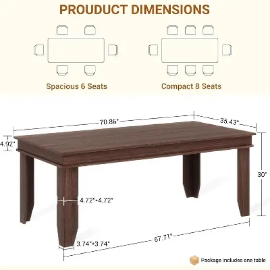 Farmhouse Dining Table - 71" Rustic Brown Wooden Kitchen Table with Sturdy Frame, Seats 6-8 People for Dining Room & Kitchen image {7}