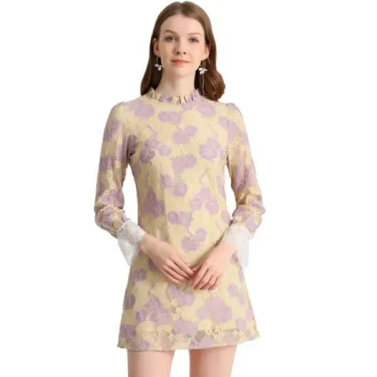 Allegra K Women's Ruffle Crew Neck Formal Elegant Mini Floral Lace Dress image {20}