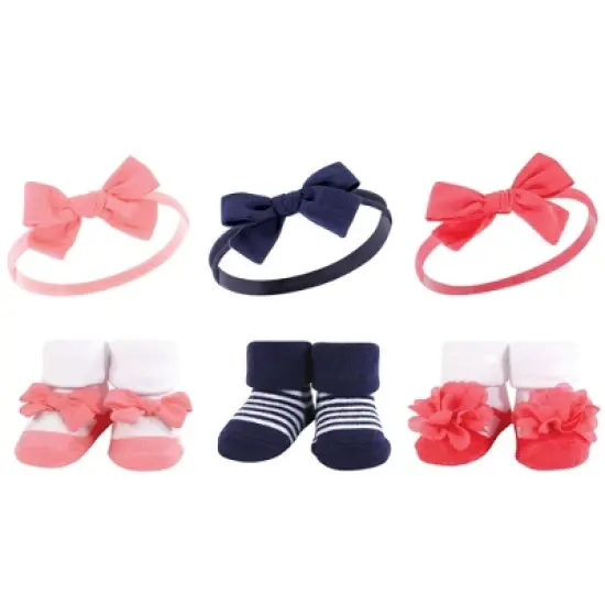 Hudson Baby Infant Girl 12Pc Headband and Socks Giftset, Navy Coral, One Size image {1}