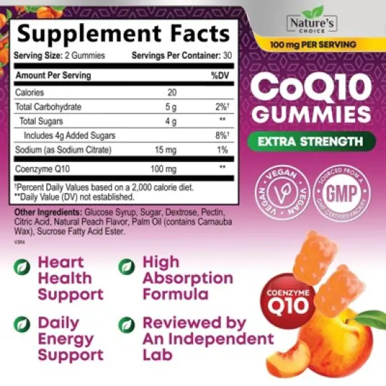 CoQ10 100mg Gummies, 3X Better Absorption, Antioxidant Heart Health Support & Energy Production, Ultra Coenzyme Q10 - 60 Gummies By Nature's Choice image {1}