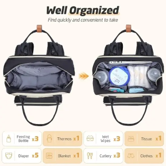 Itopfox Expandable Large Diaper Backpack for Twins, Travel Baby Bag with Changing Pad, Insulated Pockets, 25-37L Capacity, Apricot Black image {5}