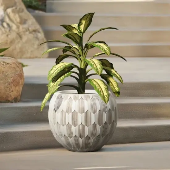 LuxenHome 14" Dia Round Concrete Planter Indoor Outdoor Large Plant Pot with Drainage Hole and Plug Modern Geometric Pattern Flower Pot White image {1}