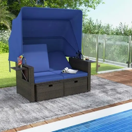 Costway Outdoor Patio Rattan Daybed with Retractable Canopy & Adjustable Backrests Beige/Red/Blue image {11}
