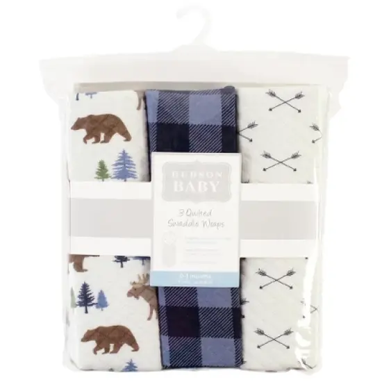 Hudson Baby Infant Boy Quilted Cotton Swaddle Wrap 3pk, Moose Bear, 0-3 Months image {1}