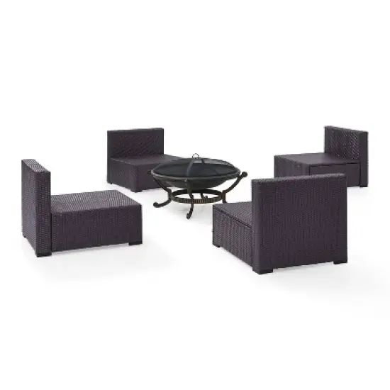 Biscayne 5pc Outdoor Wicker Conversation Set with 4 Armless Chairs & Fire Pit - Mocha - Crosley image {7}