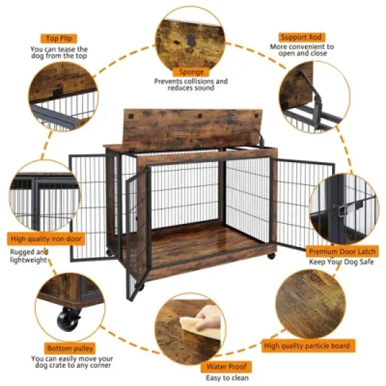 Dog Crate Furniture, Side End Table, Modern Wooden Kennel with Doors, Top Opening and Closing & Bottom Wheels for Medium Large Dogs up to 70 lb image {3}