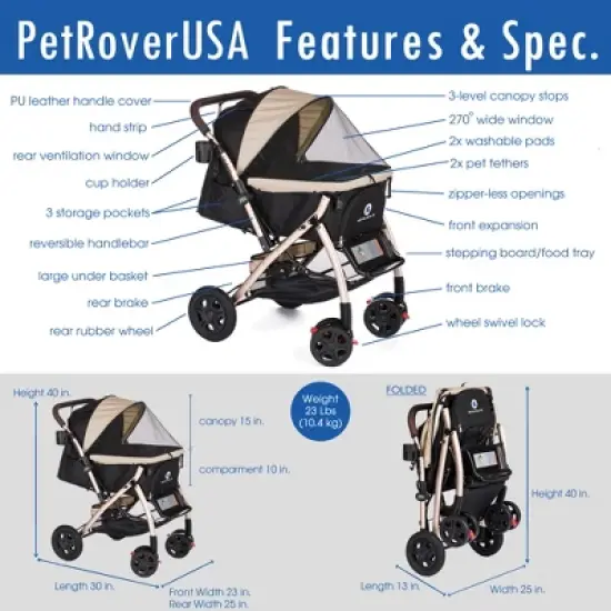HPZ Pet Rover XL Stroller - Extra Long Premium Heavy Duty Dog/Cat/Pet Stroller Travel Carriage with Convertible Compartment/Zipperless Entry image {6}