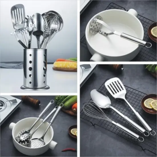 Itopfox 8-Piece Stainless Steel Kitchen Utensil Set with Stand, Includes Ladle, Skimmer, Slotted Turner, Pasta Server, Serving Spoon, Potato Masher image {5}