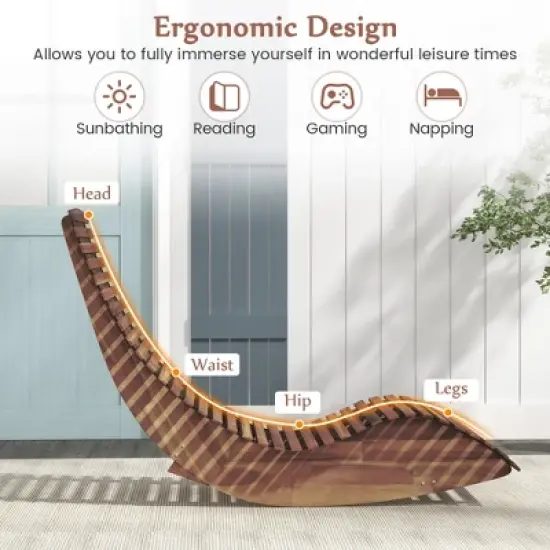 Tangkula Acacia Wood Patio Chaise Lounge Chair Outdoor Rocking Chair w/ Slatted Design image {3}
