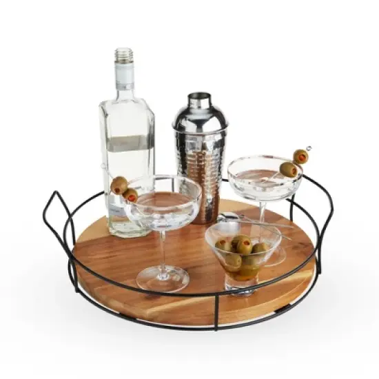 Twine Modern Manor Cocktail Tray, Round Serving Platter with Handles for Drinks, Appetizers, Acacia Wood, Metal, 15.37&Prime; Diameter, Set of 1 image {4}